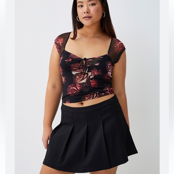 twik Tops - Whimsigoth Twik Black and Pink romantic Floral Mesh sleeves Tie Up Crop Top